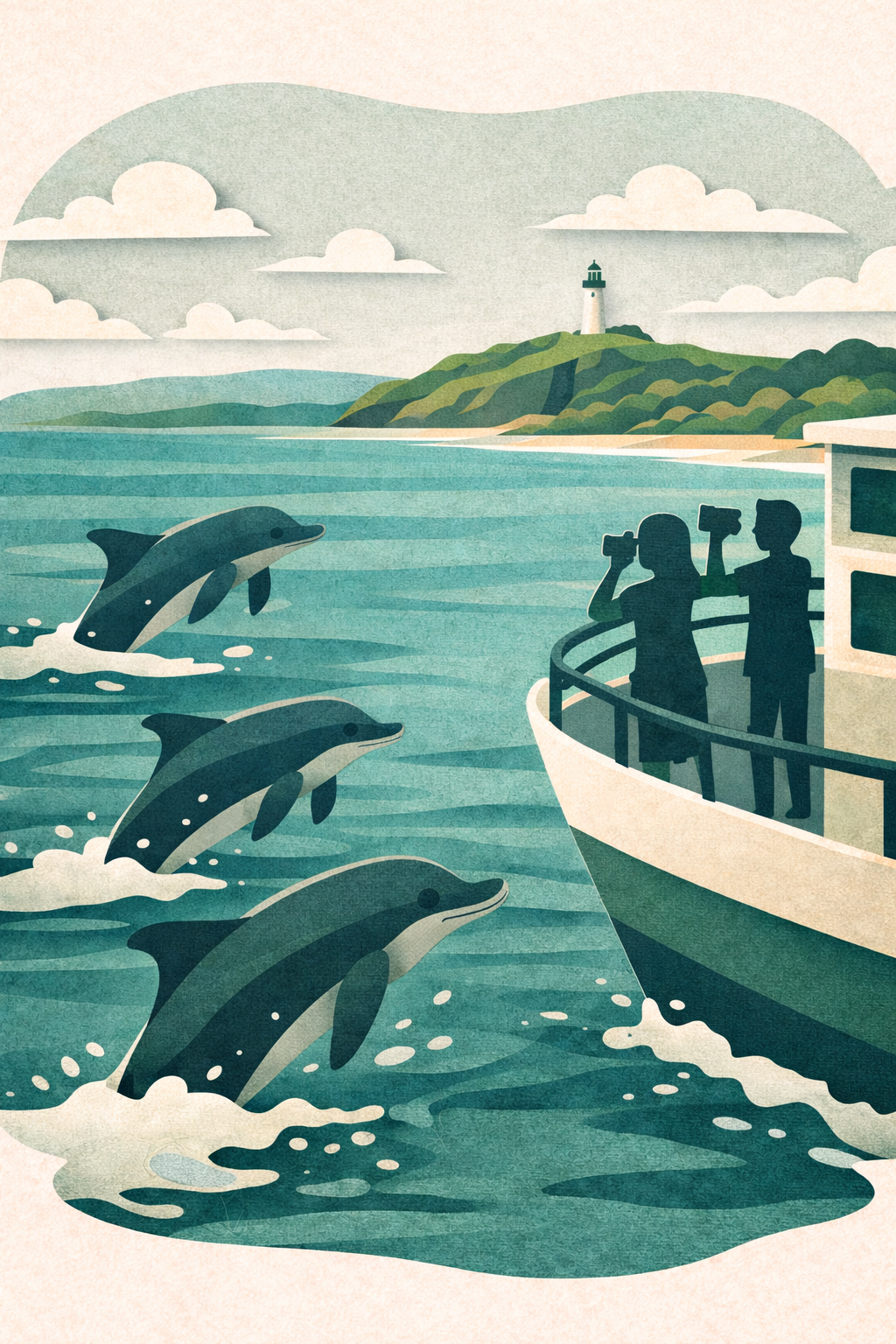 People film dolphins jumping by their boat at Port Stephens, Australia, with a lighthouse in the distance