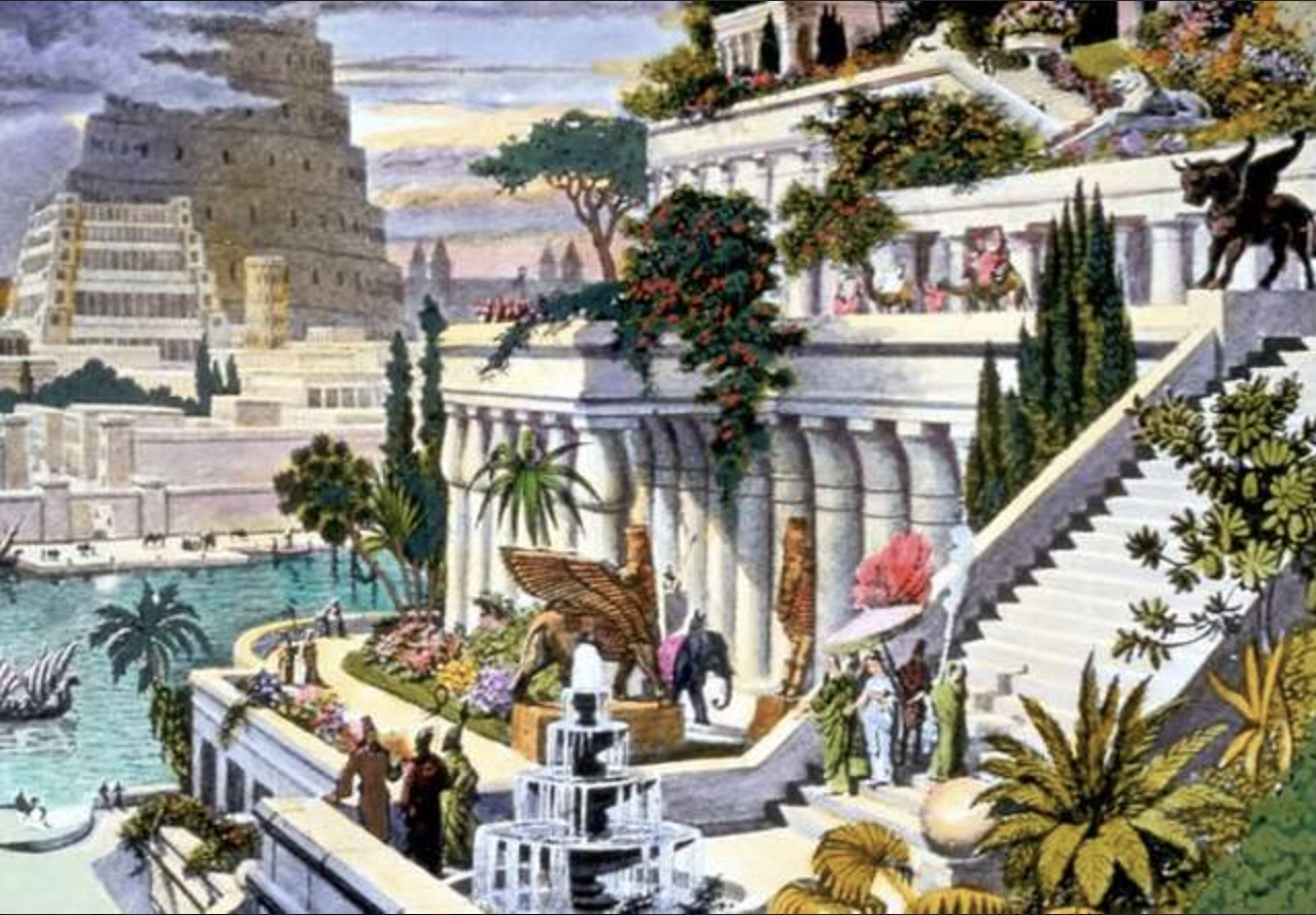 The Hanging Gardens of Babylon, with the Tower of Babel in the distance