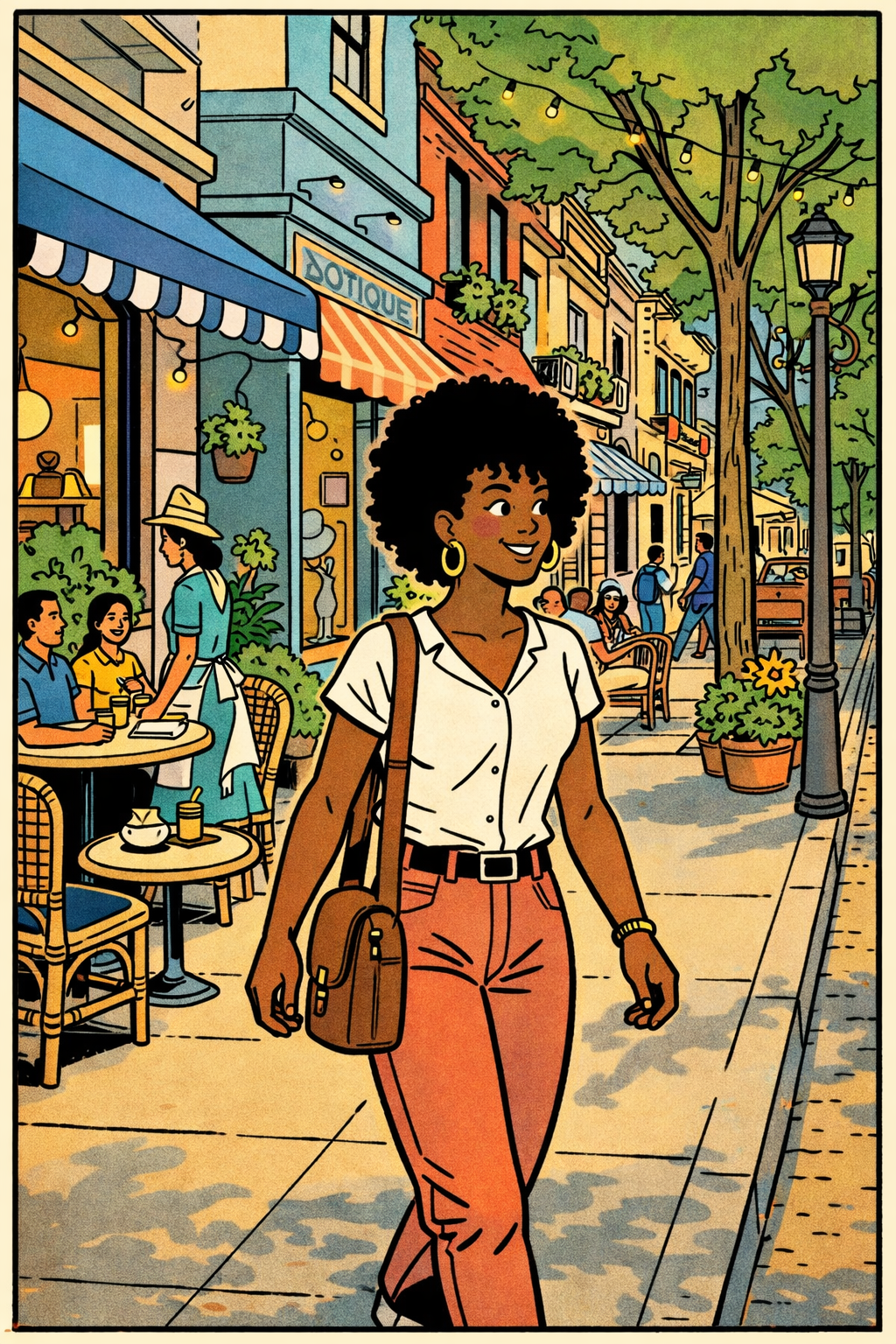 A young woman walks on the sidewalk of a cute neighborhood with sidewalk cafes in CDMX