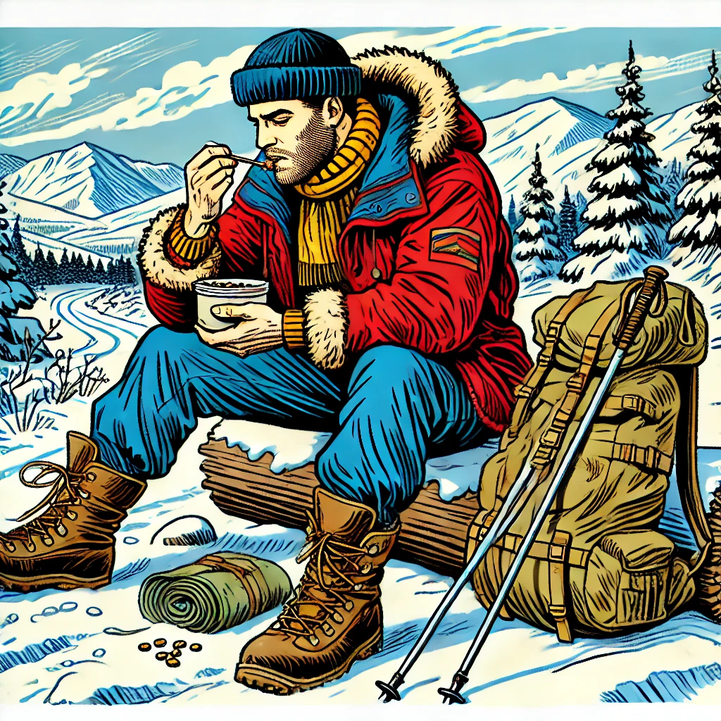 A man sits on a log eating snacks in the snow, with his poles and backpack next to him