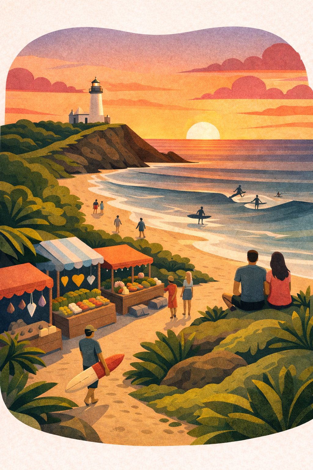 Byron Bay, Australia, with the lighthouse on a point, surfers, a couple watching the sunet and market stalls near the beach