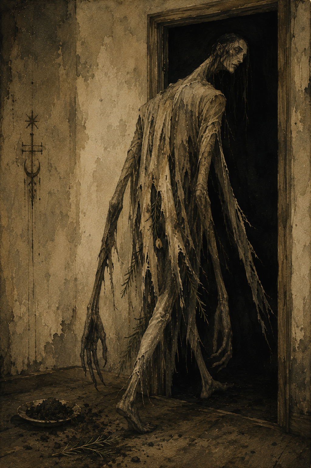 A nightmarish creature with abnormally long arms and fingers, dressed in tatters, looks back as it walks through a doorway