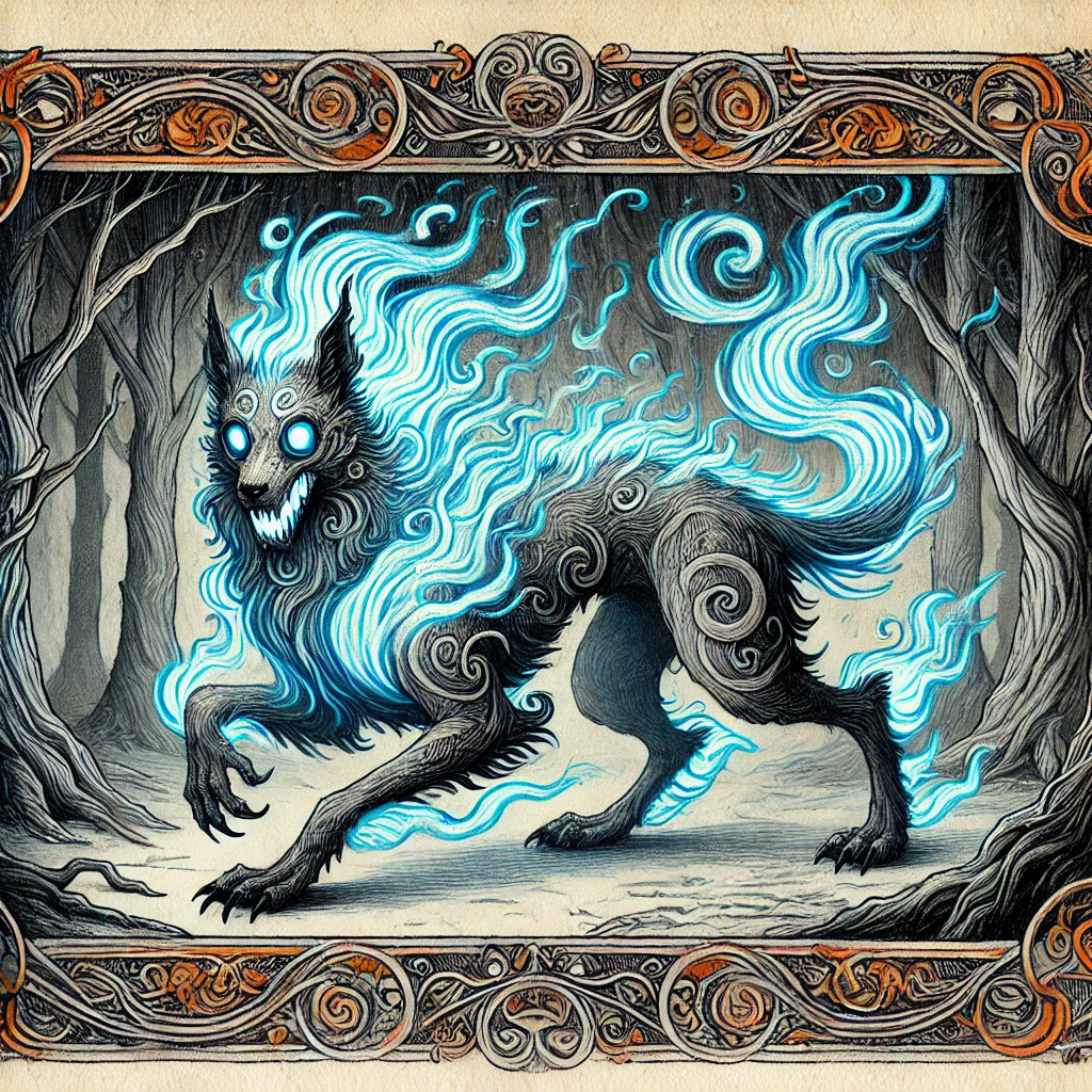 A kludde, a doglike monster with glowing eyes and covered in supernatural blue flames