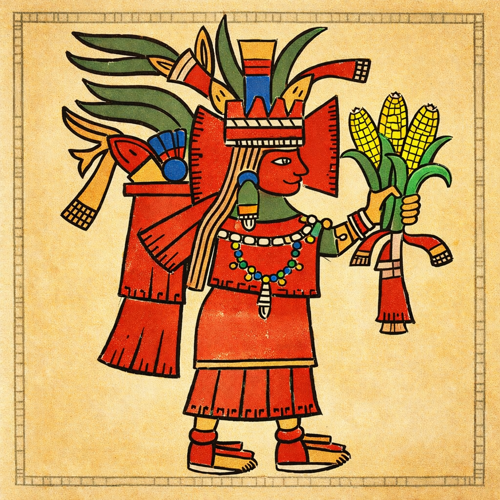 Chicomecoatl, the Aztec goddess of maize, holding corn in her hand, and wearing earrings, necklaces, a headdress, sandals and carrier on her back