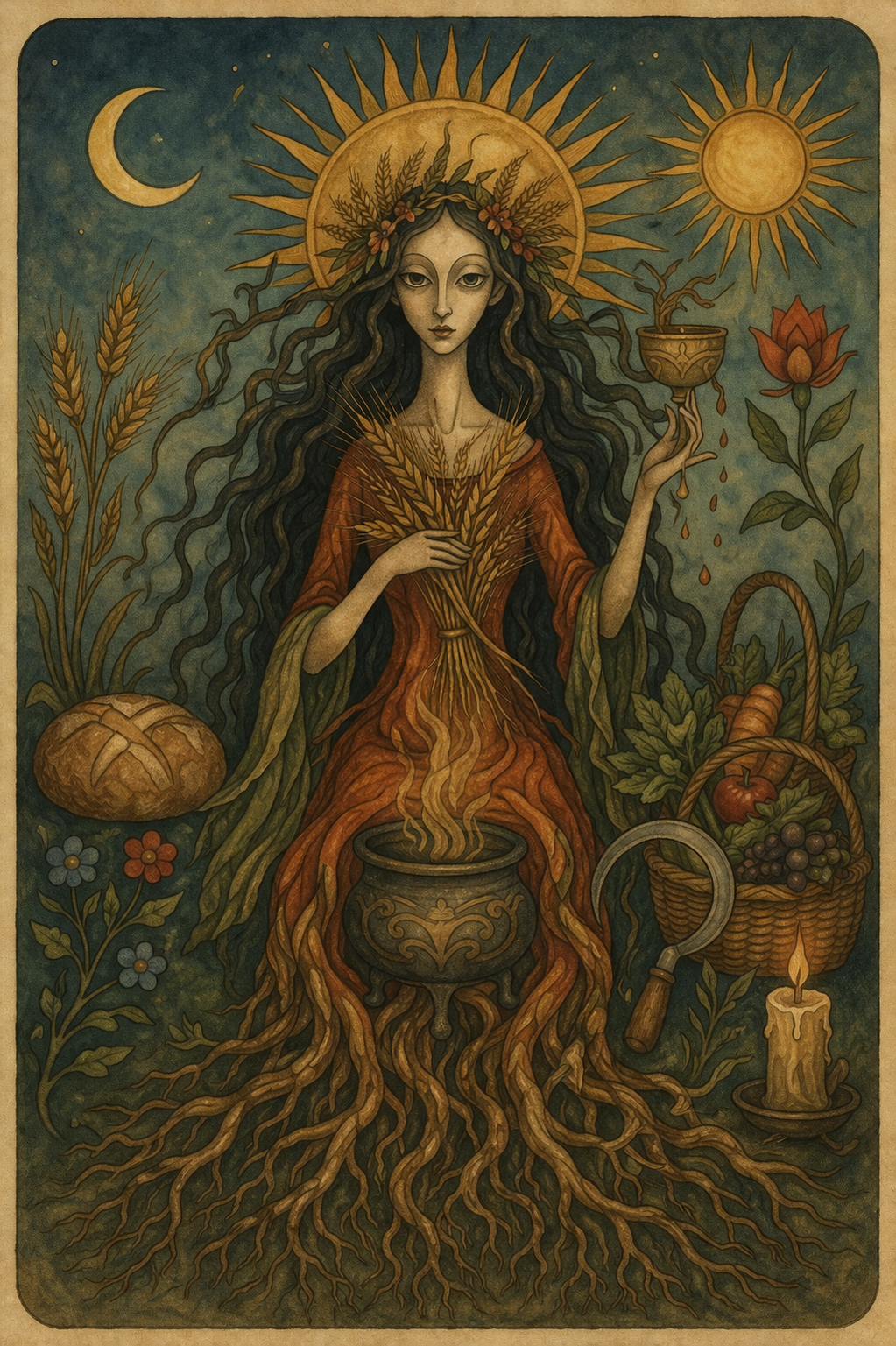 A Wiccan woman casting spells at Lammas, with the moon, sun, wheat, a chalice, flowers, bread, a basket of food, as her dress becomes tree roots around a flaming cauldron
