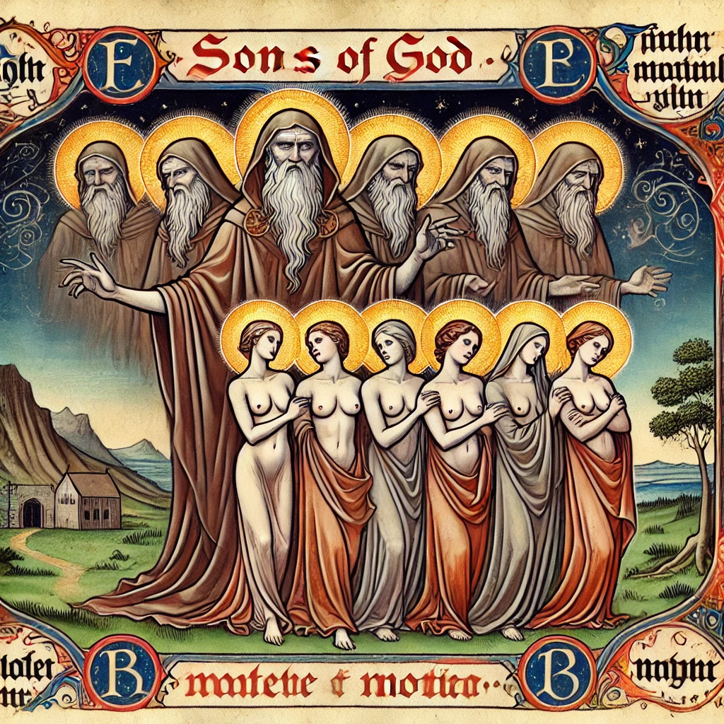 Songs of God as old men with white beards appear above a line of topless women