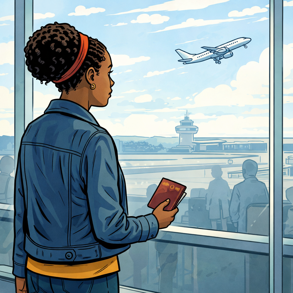 A woman holding her passport looks out the window at the airport, watching her flight take off without her