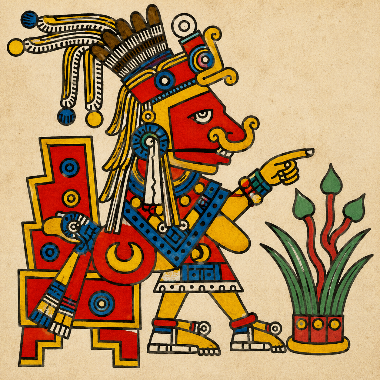 The Aztec god of healing and pulque, Patecatl, with red face, sitting on a throne near an agave plant