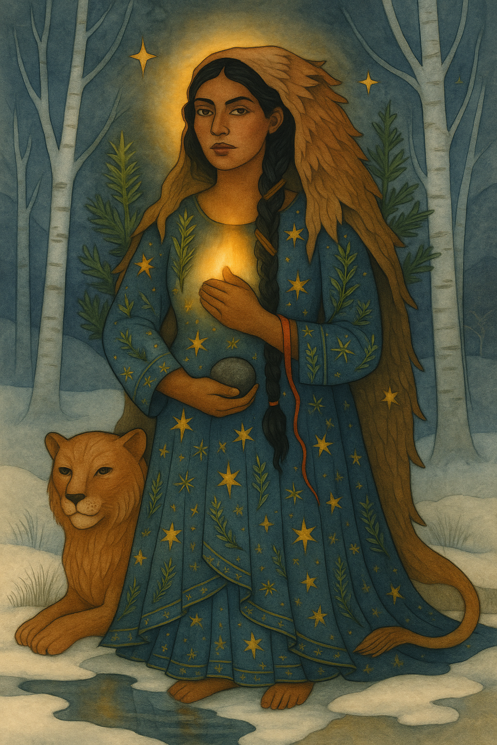 A woman in a starry dress and lion cloak, holds a stone and has an inner fire, as a lion lays by her in the birch woods