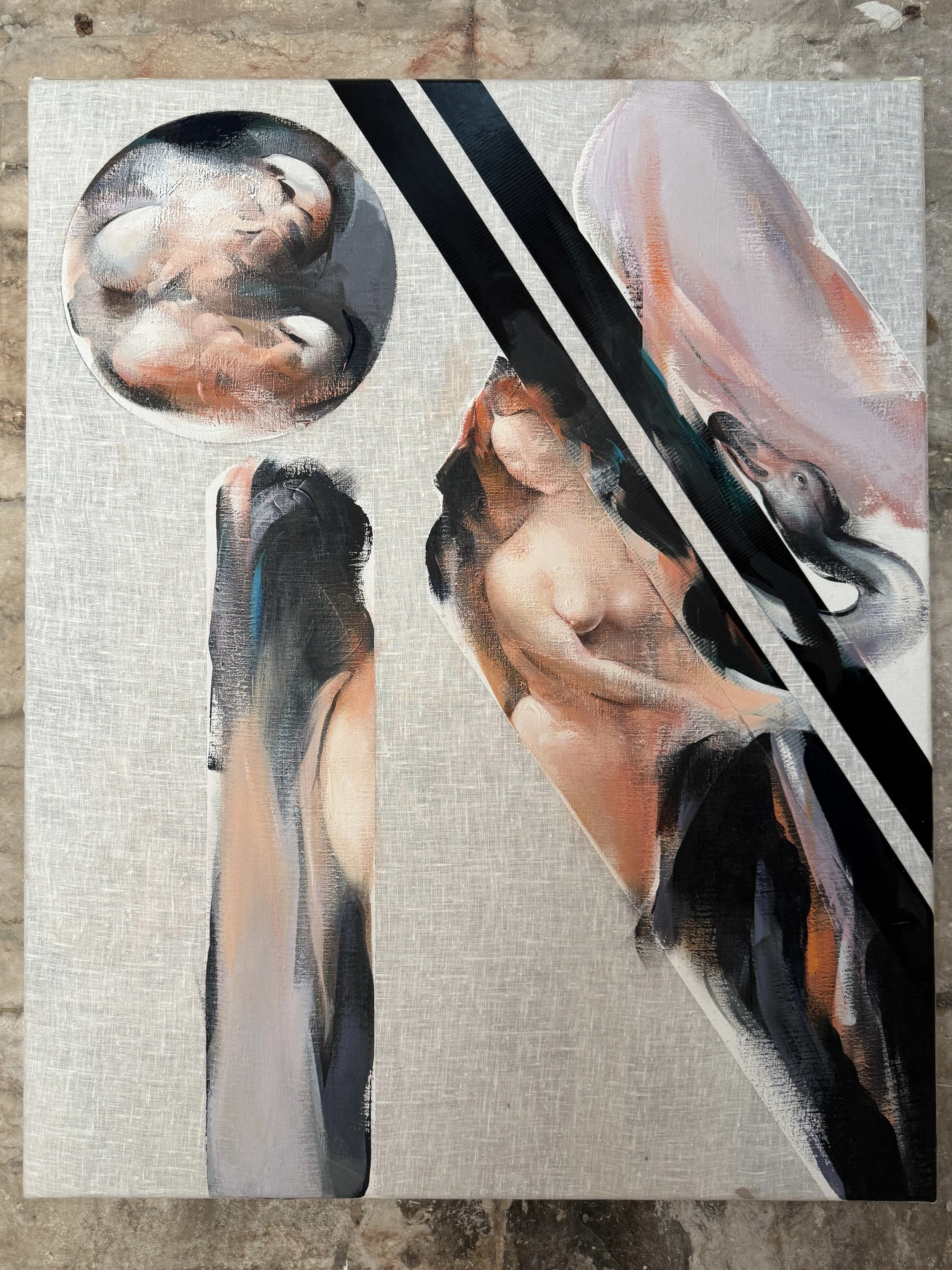 A painting titled, Leda "entre os dedos" de Leonardo (Leda "Slipping Through the Fingers" of Leonardo) by José Quaresma on display at the Carmo Convent museum in Lisbon