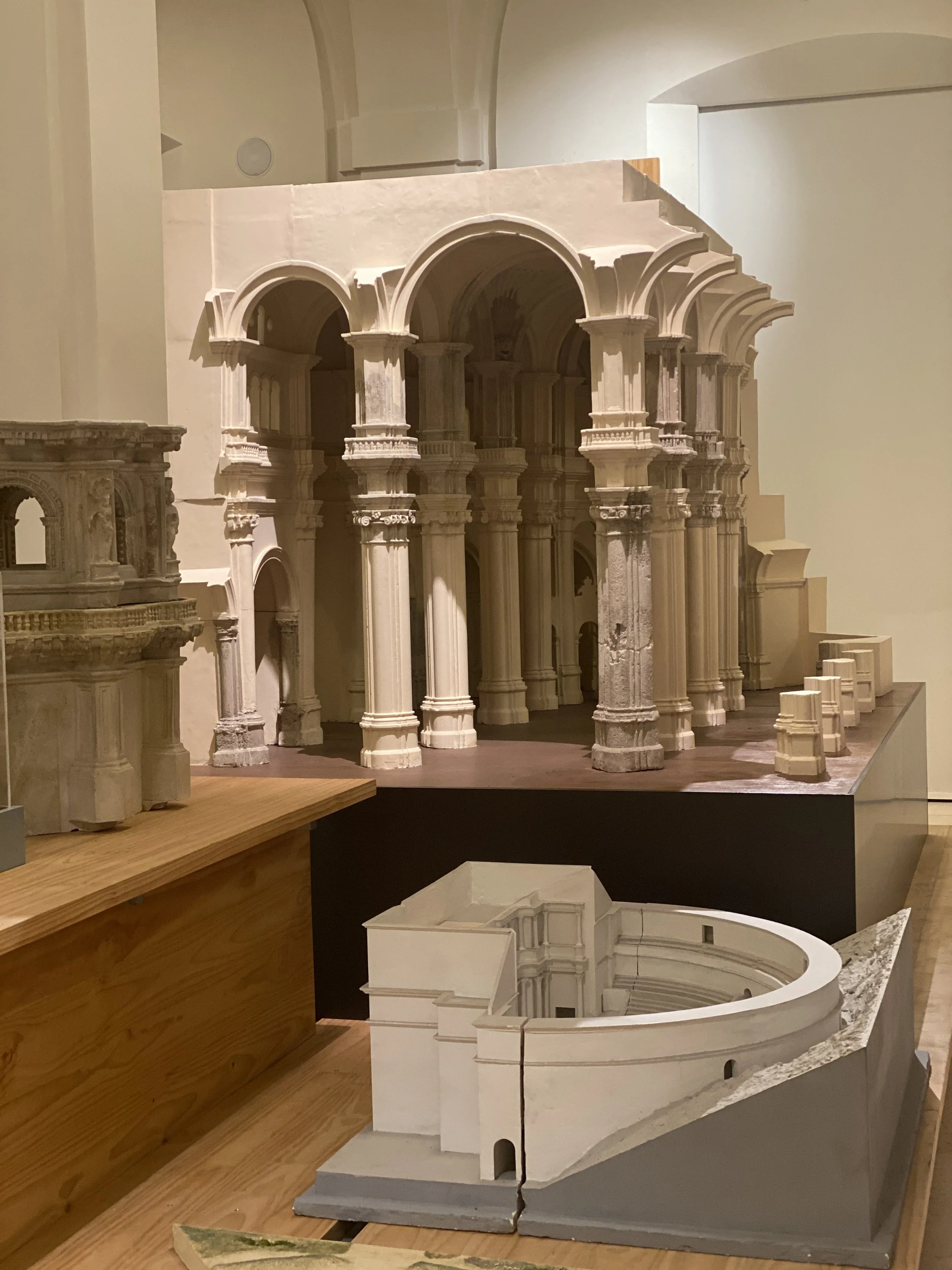 Models of a palace and colosseum in the Museum of Malaga's warehouse