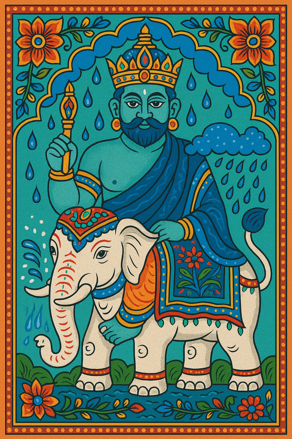 Rain falls on the Hindu god Indra, riding a white elephant