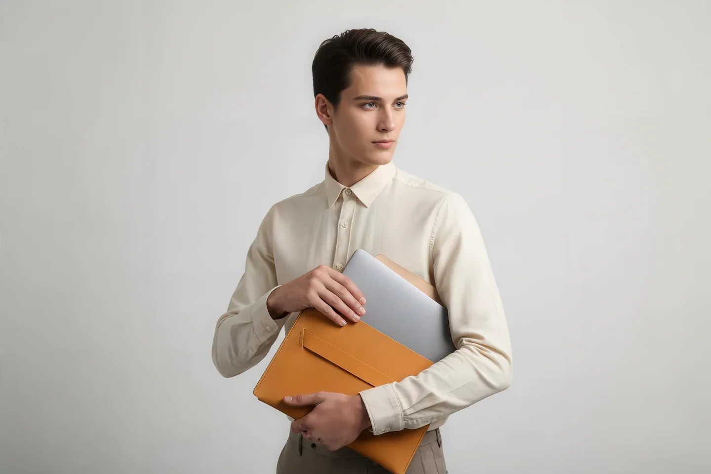 A man pulls a laptop out of its handcrafted leather sleeve from Atelier Madre