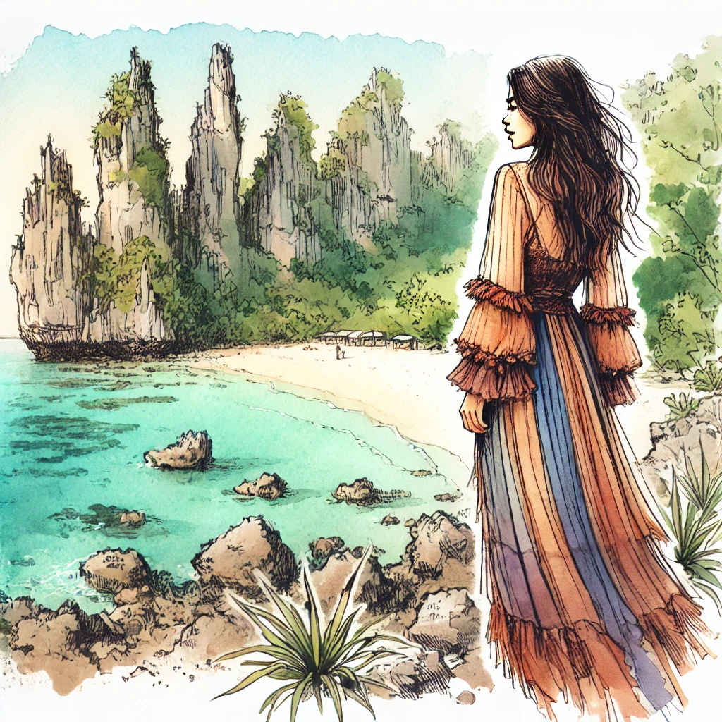 Woman in flowy bohemian dress looks at the unique rock formations of Nauru