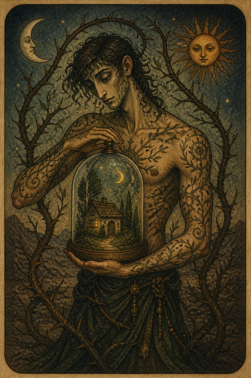 A tattooed man stands under thorny vines as the moon and sun look down as he holds a cloche with a house inside