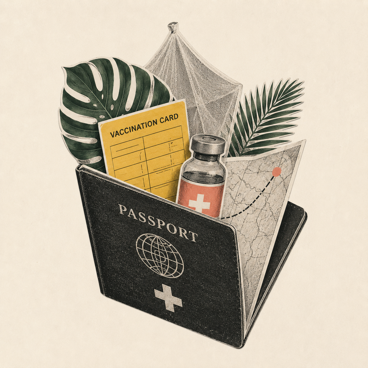 Collage with a folded passport with palm leaves, mosquito netting, vaccination card, vaccine and map inside