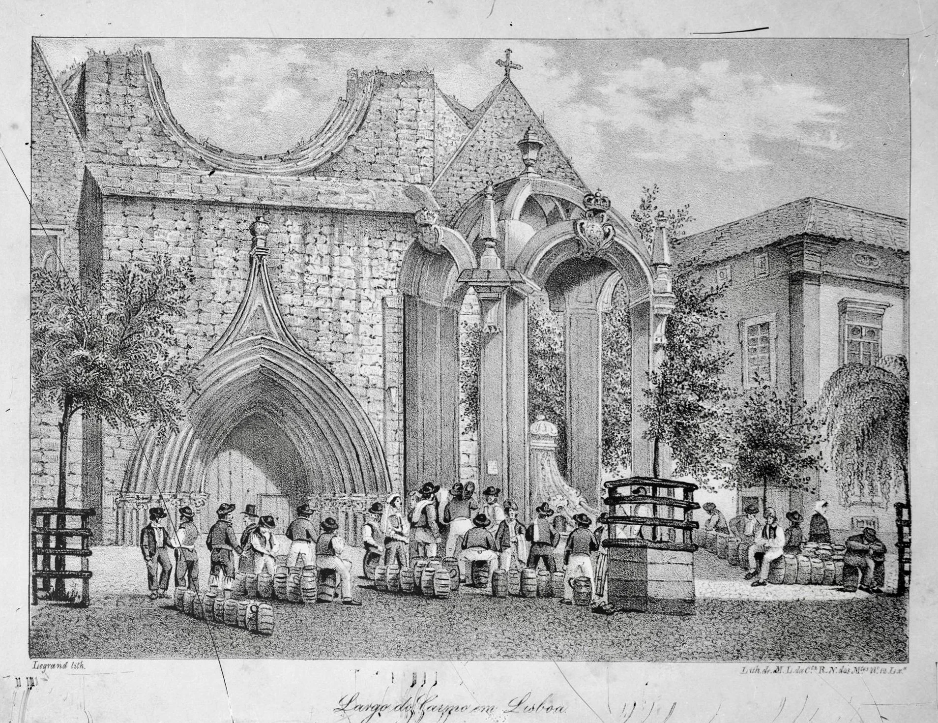 Largo do Carmo em Lisboa, a 19th century lithograph by Legrand