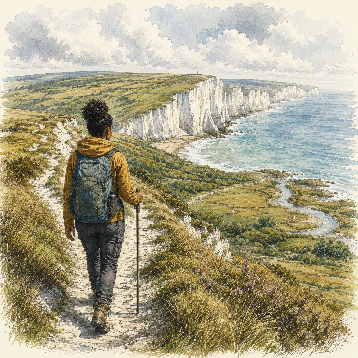 A woman hikes along South Downs Way in the UK, with the cliffs of Dover in the distance