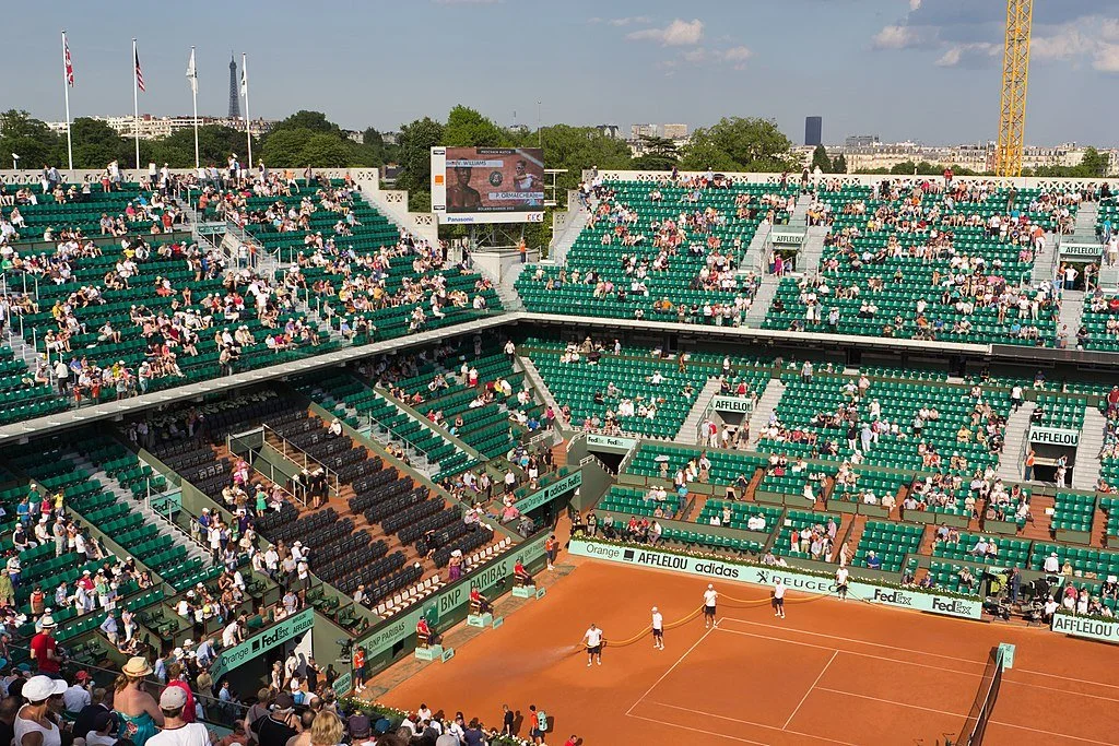 Looking down at the court and stands at Stade Roland-Garros