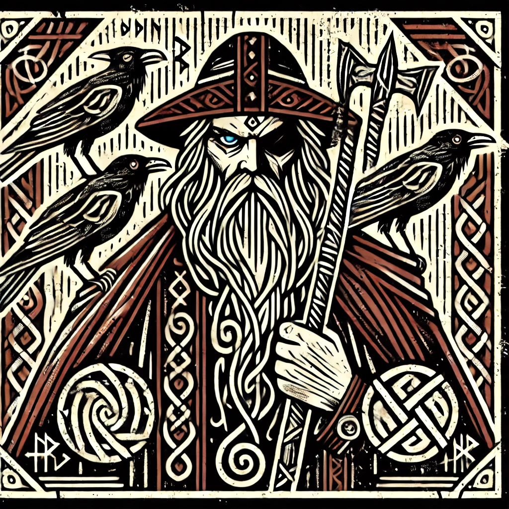 The Norse god one-eyed Odin with his ravens around him