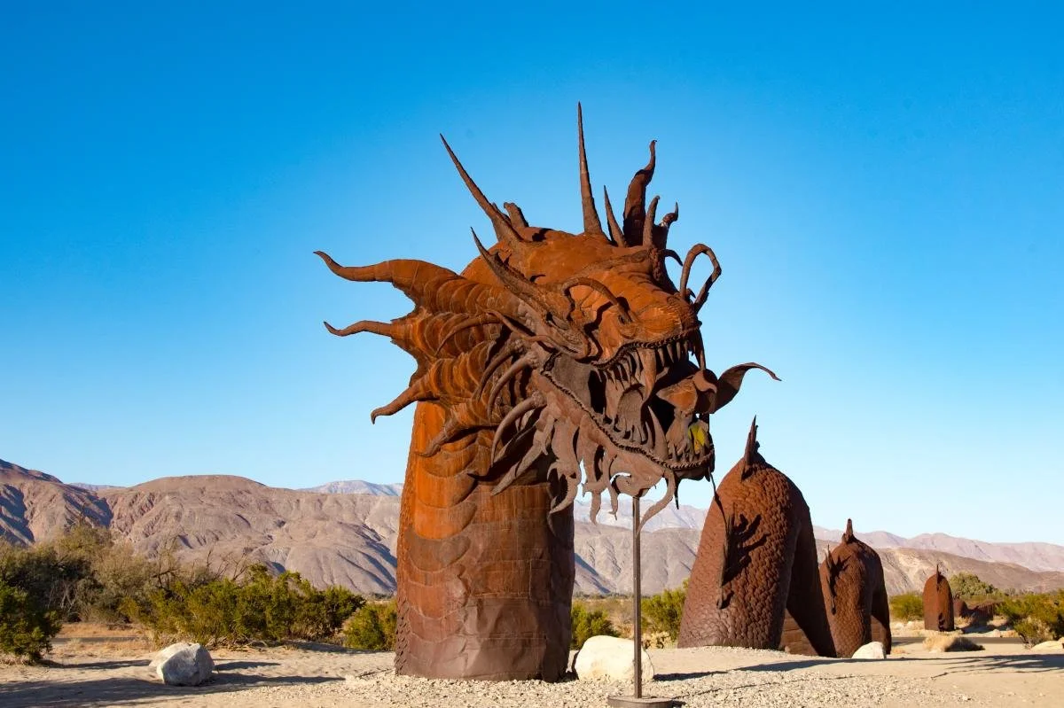 A giant brown snake sculputre in the desert at Borrego Springs, California