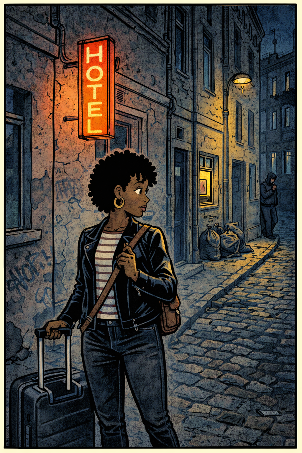 A young woman solo traveler looks over her shoulder at a man in a hood while walking past a hotel in a dodgy part of a city, with trash bags on the sidewalk and crumbling facades
