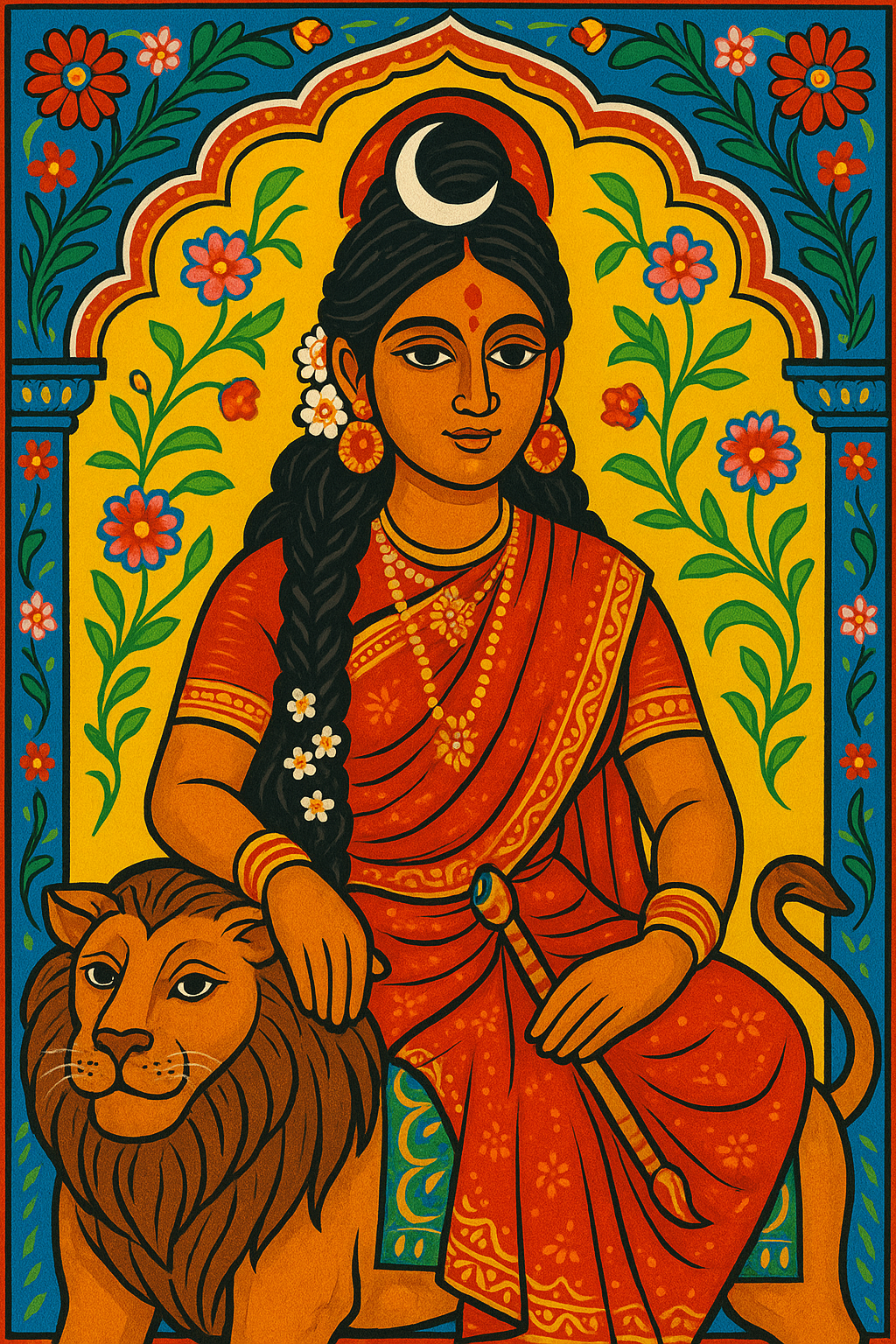 The Hindu goddess Parvati, with a crescent moon and flowers inher hair, sitting on her mount, a lion