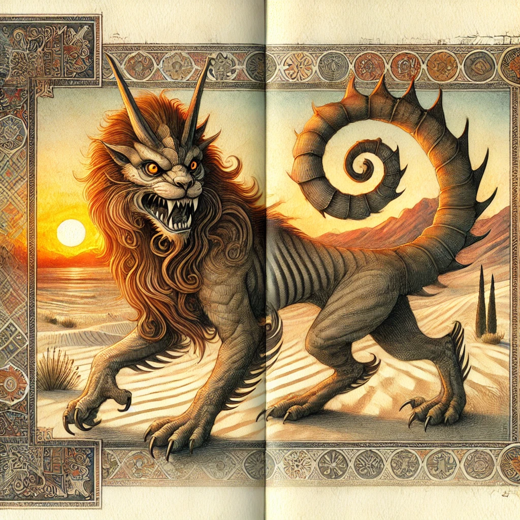 A manticore, a monster with a somewhat humanlike face, a lion's body and a spiky tail, in the desert
