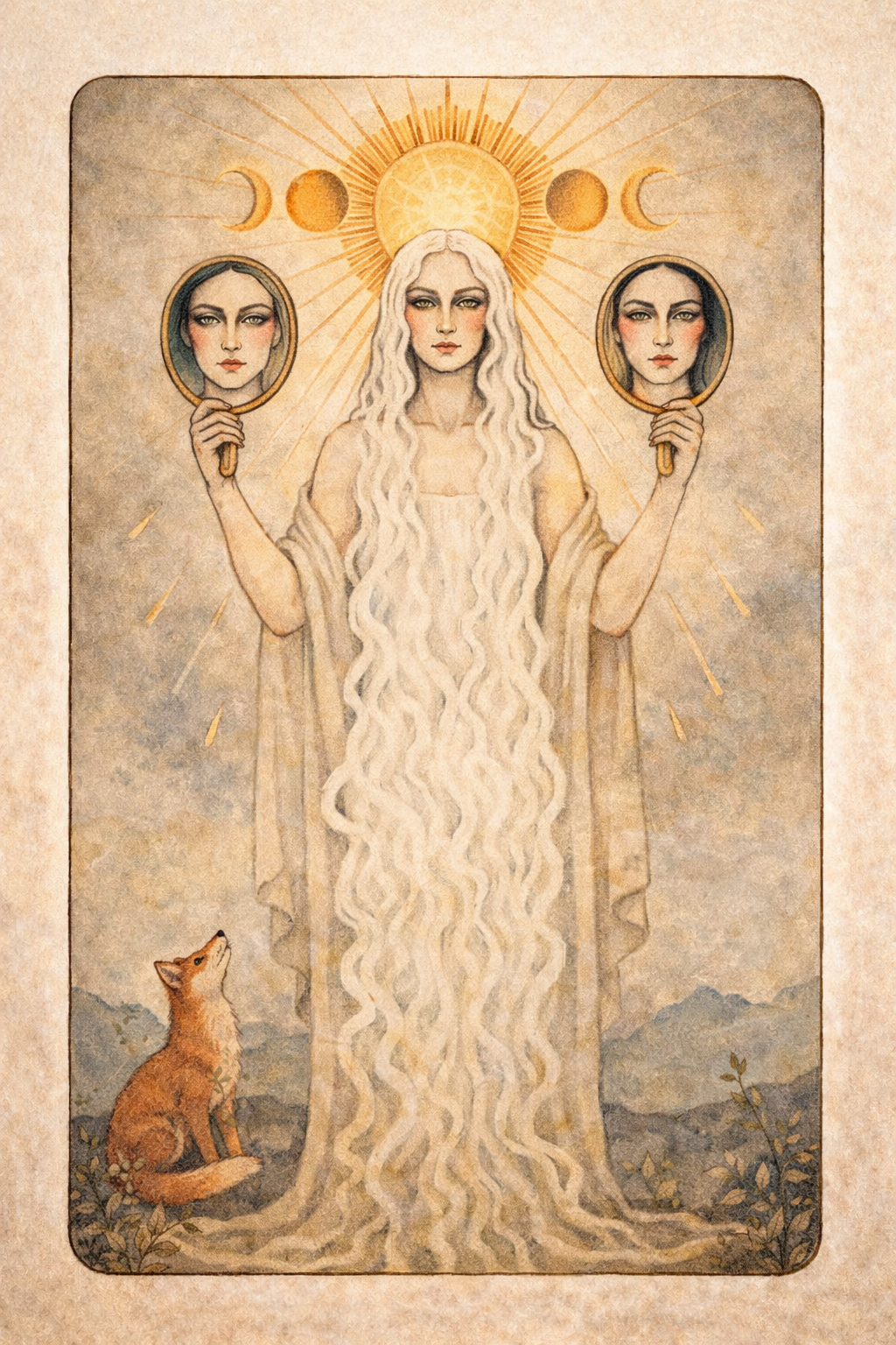 A woman with long wavy white hair holds two mirrors reflecting versions of herself, while a fox looks up at her and the sun and phases of the moon are behind her head