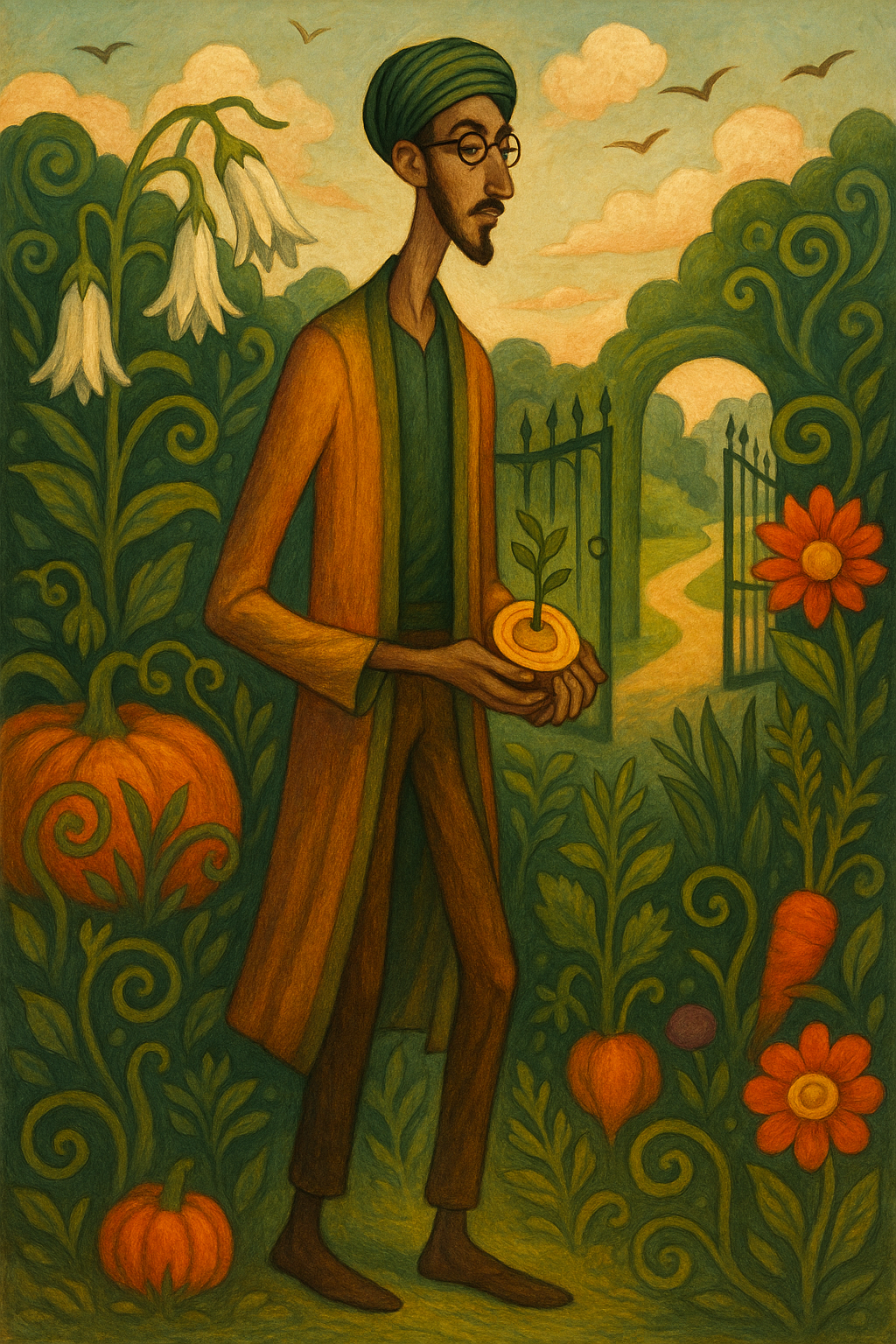 A man in a turban holds a coin with a plant sprouting from it as he walks through a lush garden toward an open gate and path beyond