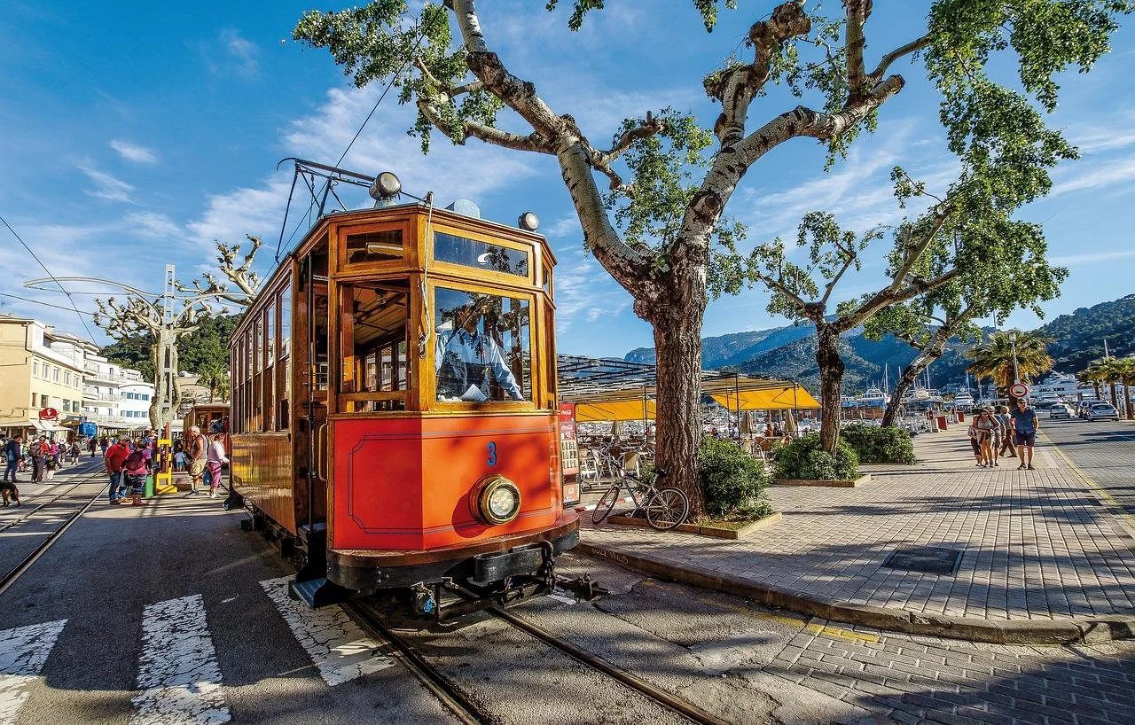 Red and yellow tram in Sóller, Mallorca