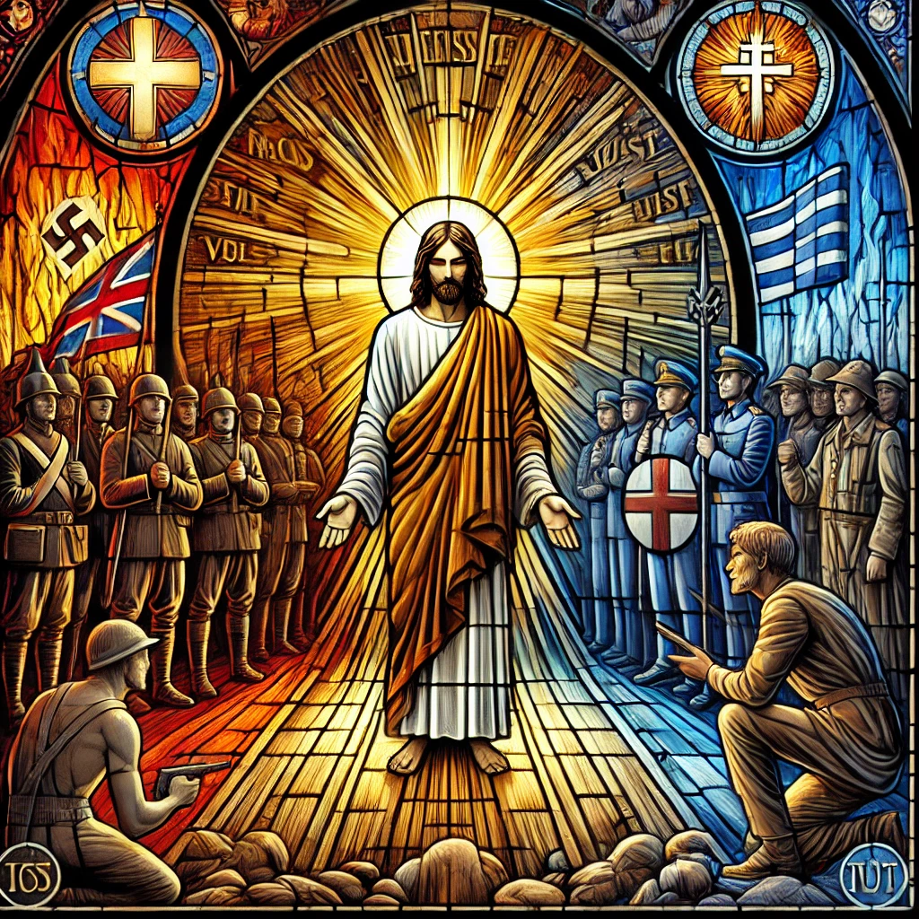 Stained glass style illustration of Jesus in front of soldiers from Europe