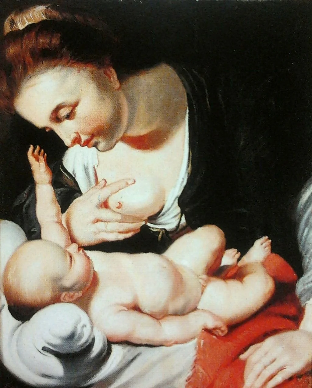 Madonna Nursing the Child (Maria Lactans) by Erasmus Quellinus the Younger, with the Virgin Mary leaning down to offer her exposed breast to a reclining Baby Jesus