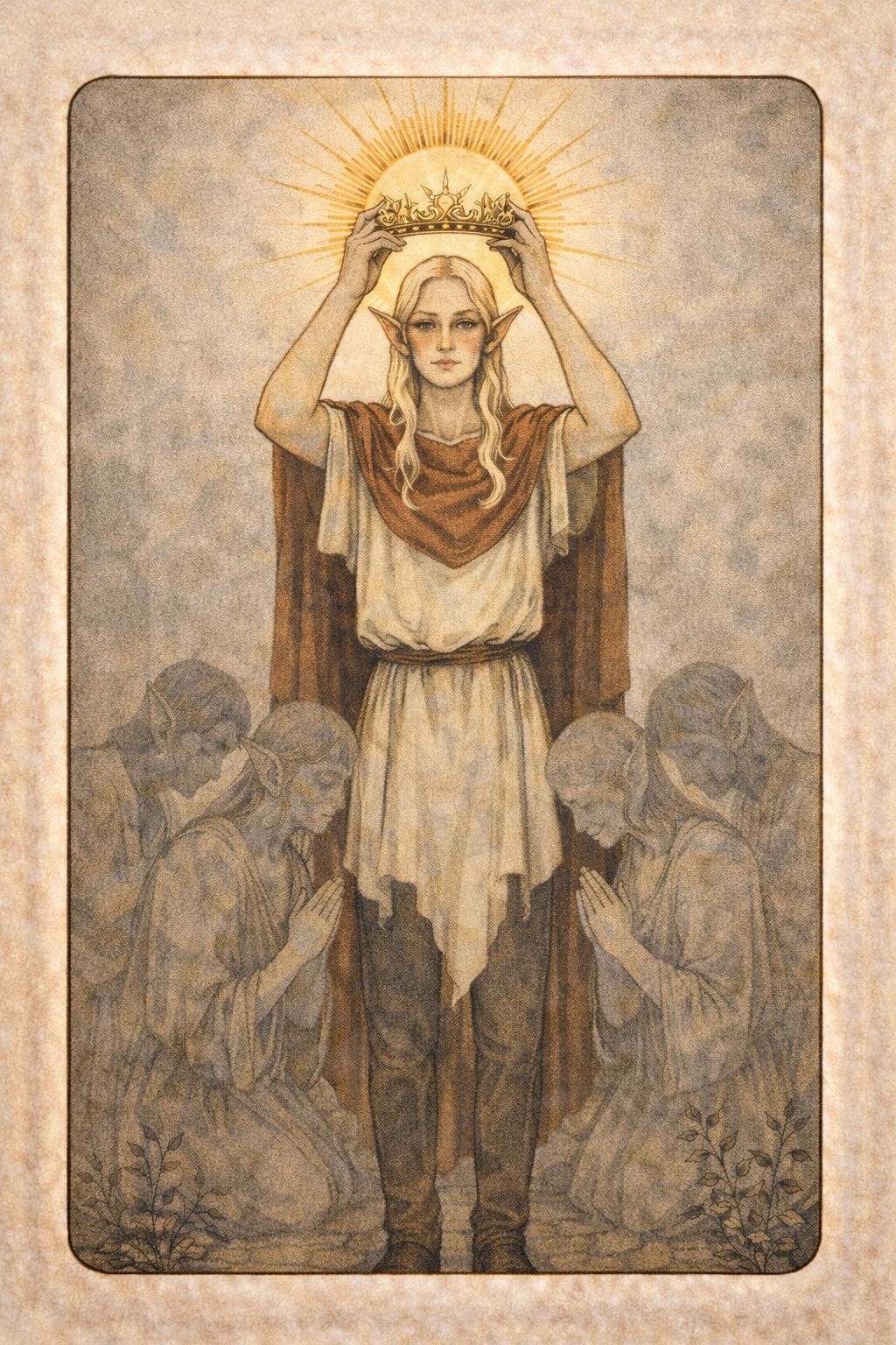 An elf holds up  a glowing crown while shadowy people kneel in respect at his feet