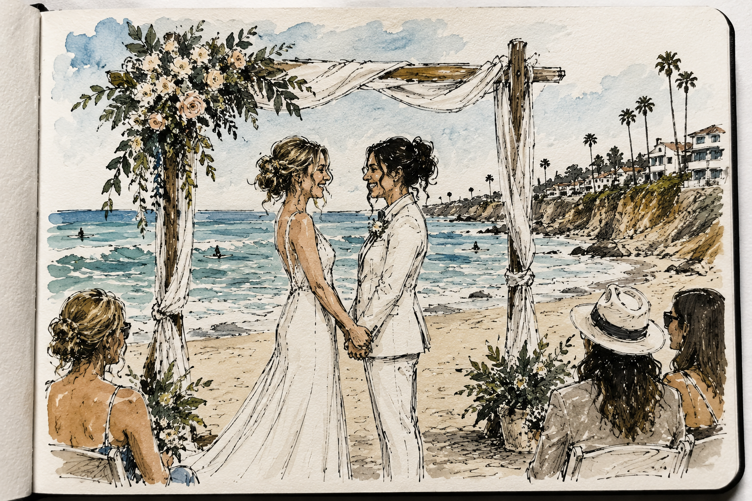 Two women get married on the beach under a wood structure covered in white cloth and flowers in San Diego
