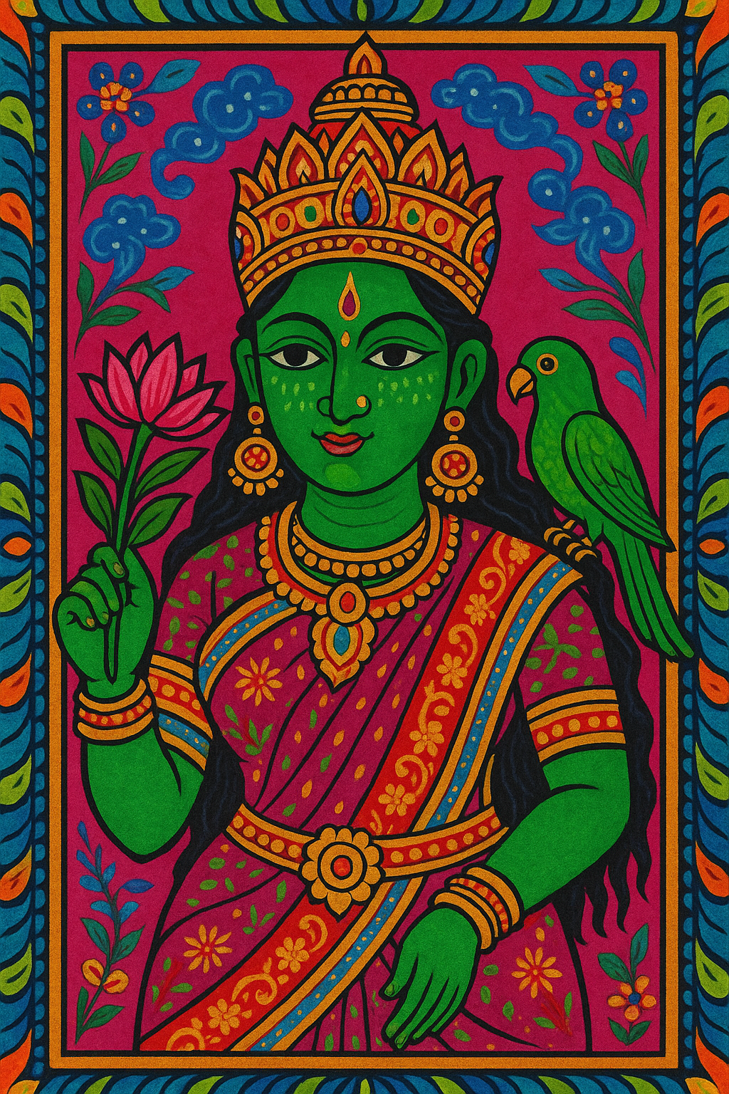Green-skinned Hindu goddess Meenakshi holds a flower while a parrot perches on her shoulder