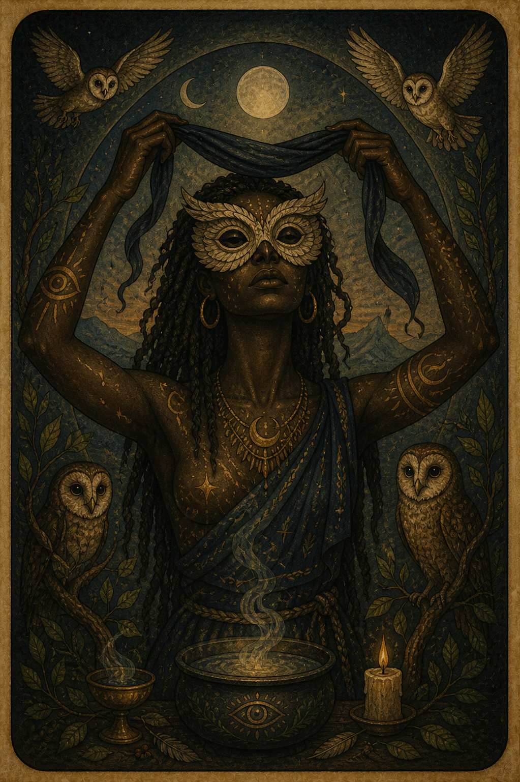 A woman with symbols painted all over her in gold wearing an owl mask as she casts a Lammas spell with a cauldron, chalice and candles as owls watch