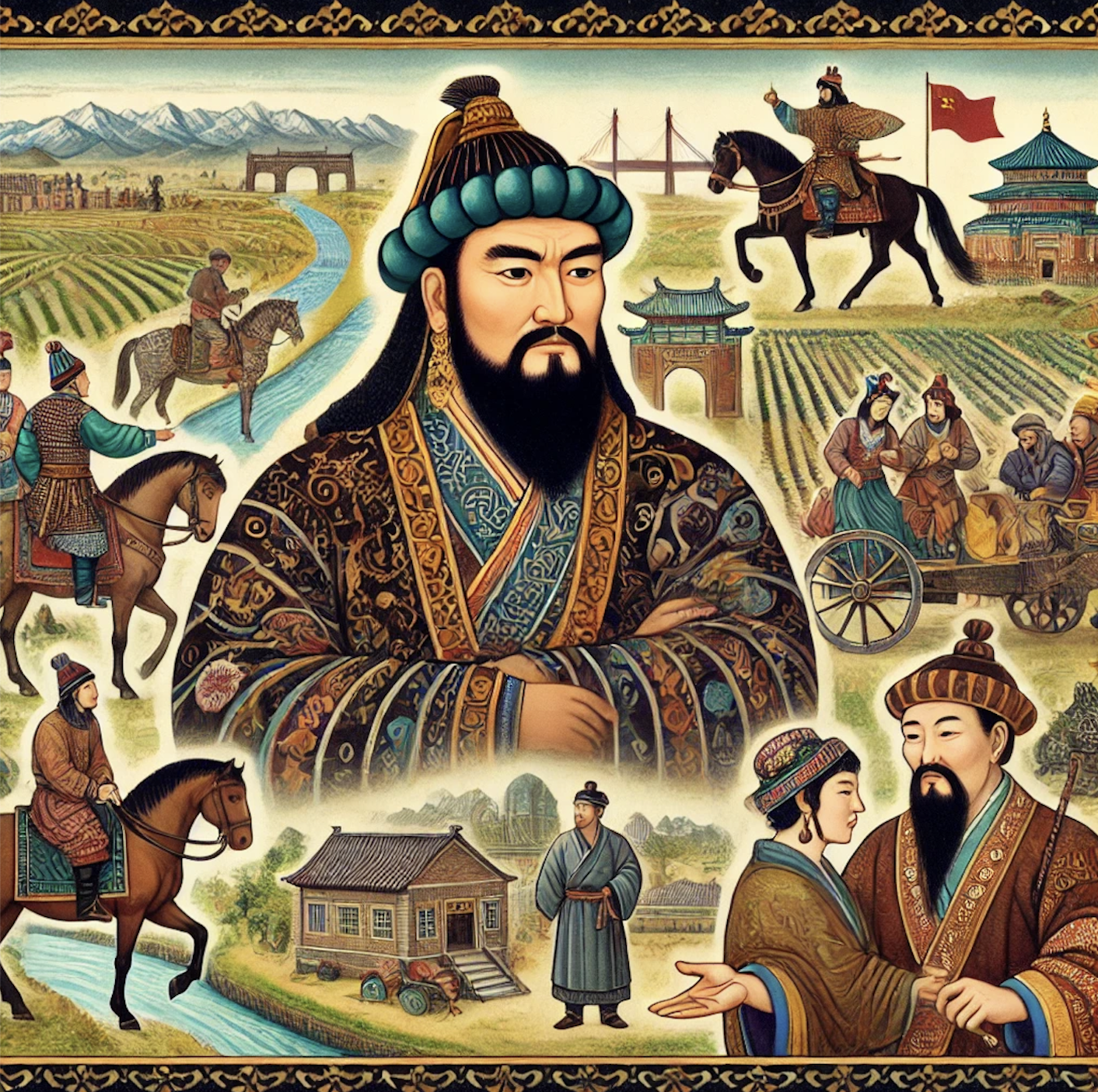 Genghis Khan surrounded by scenes depicting the innovations of the Mongols