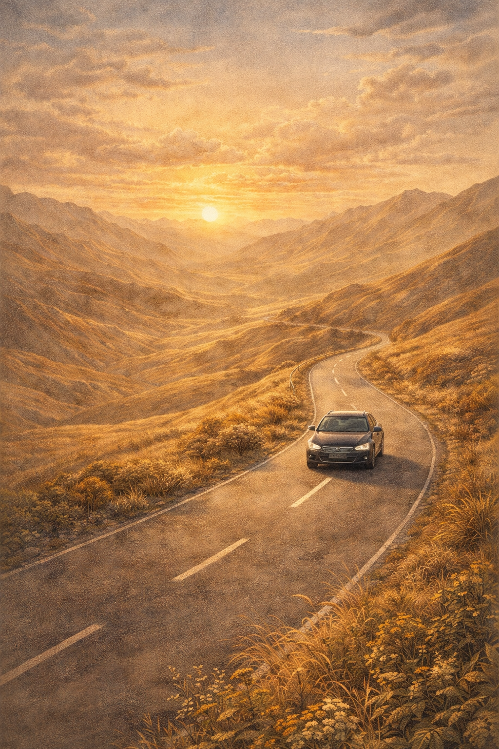 A car drives along a road in Queenstown, New Zealand at golden hour
