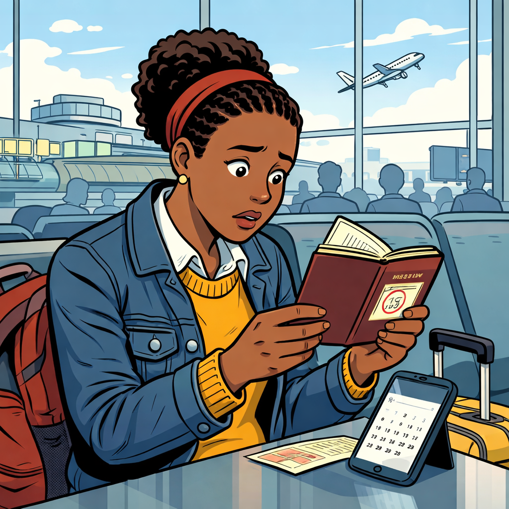 A woman sits at an airport, looking in dismay at her passport