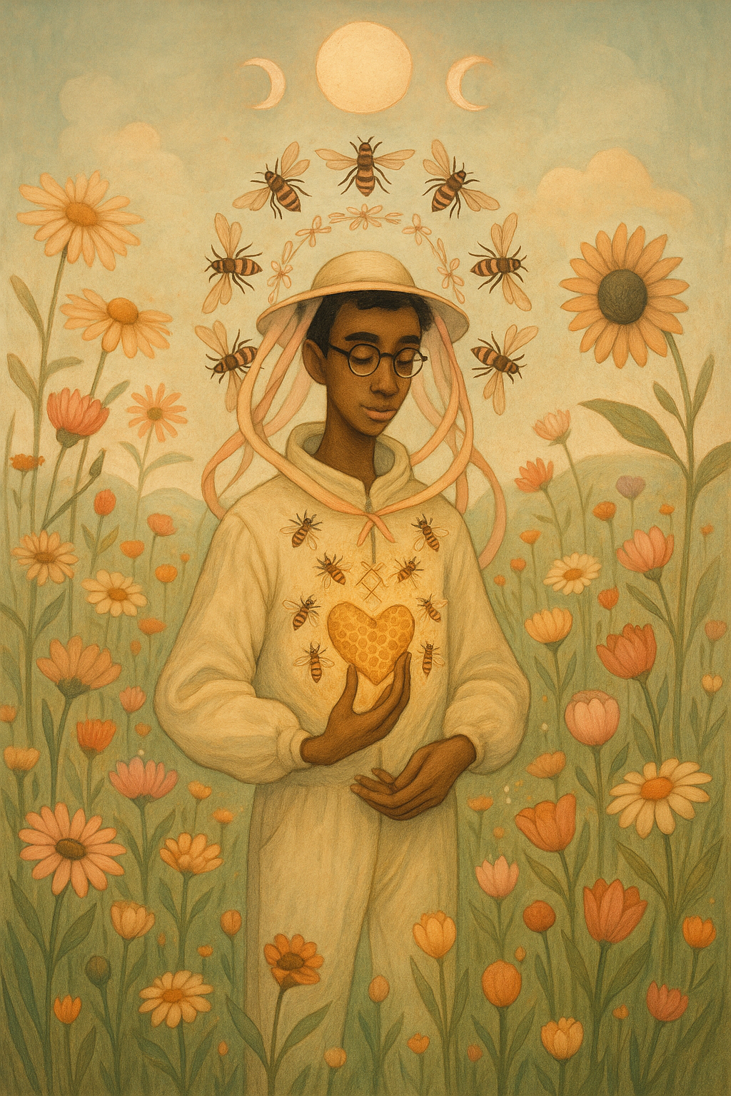 A man with glasses in a beekeepers outfit stands in a field of flowers, bees swarming around him, while he holds a heart-shaped honeycomb