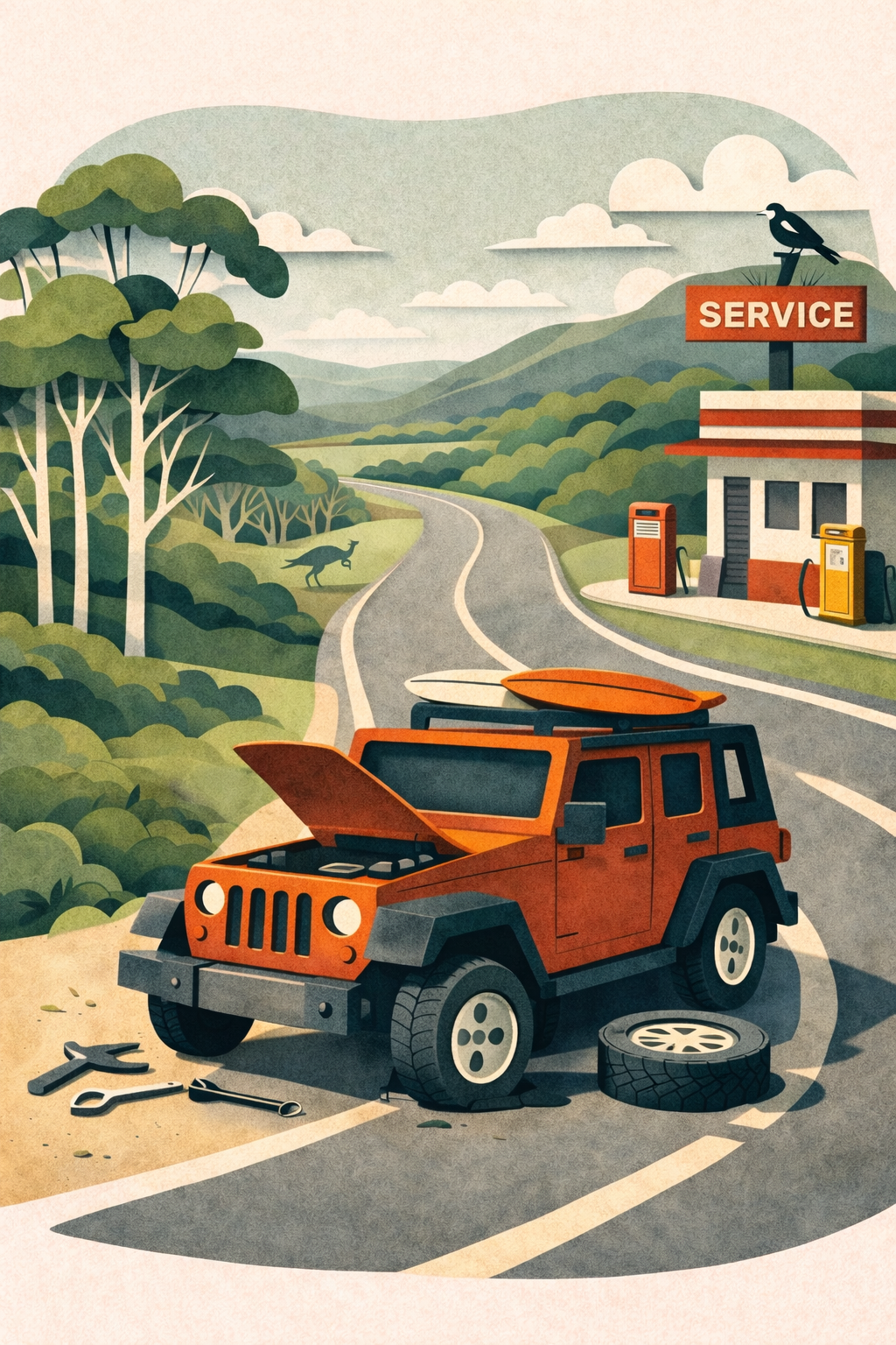 A jeep broken down along the road on the stretch from Sydney to Byron Bay in Australia, near a service station