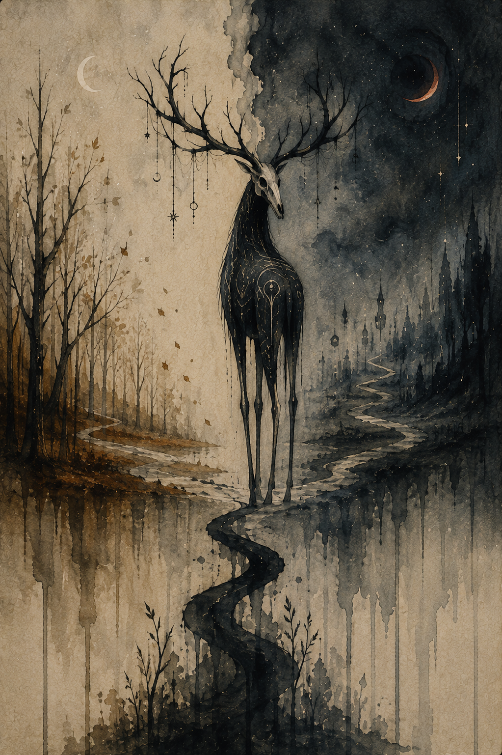 A skull-headed deer with charms hanging from its antlers stands between two worlds—one of day and one of night