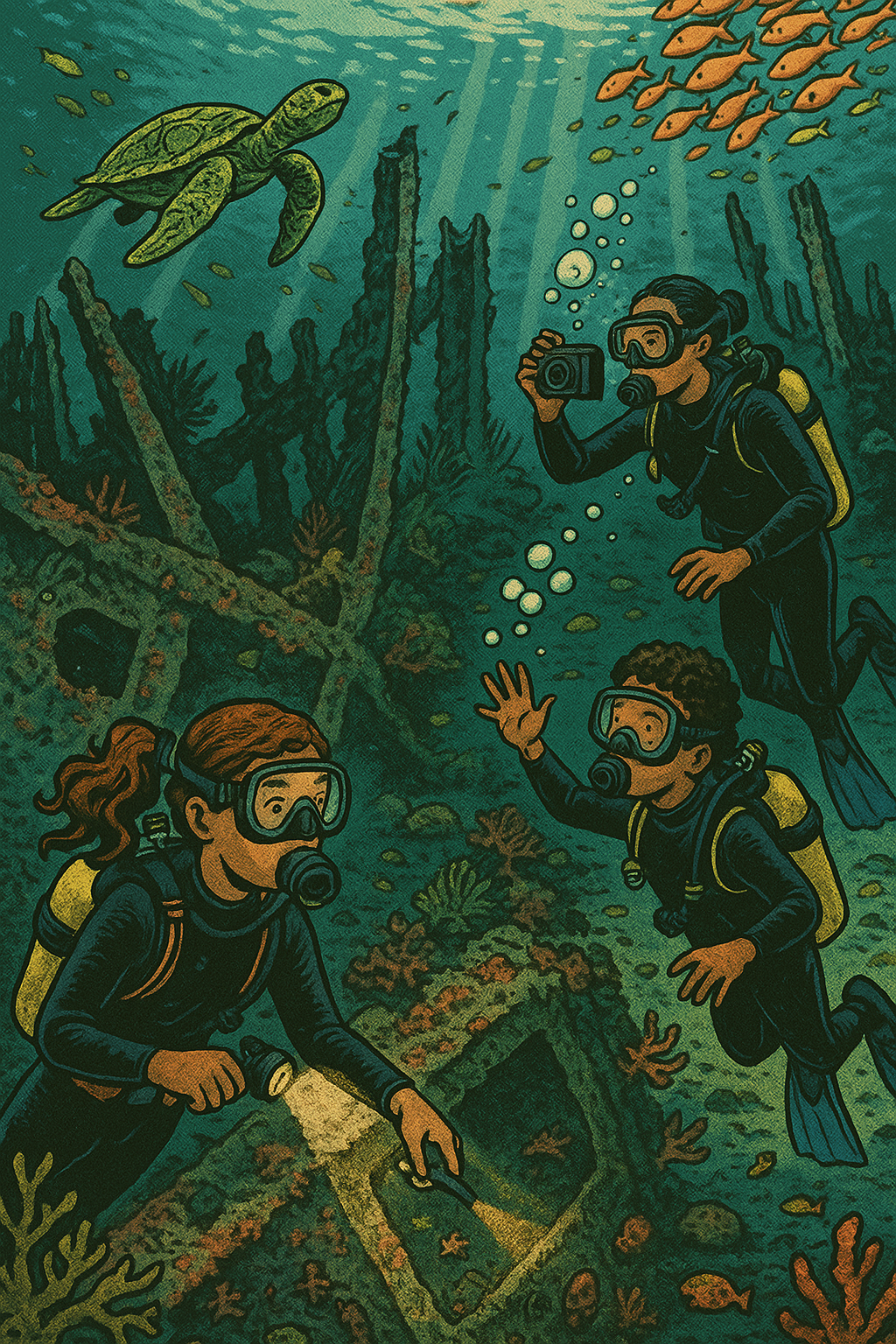 A family scuba dives by the wreck of the USS Liberty at Tulamben in Bali