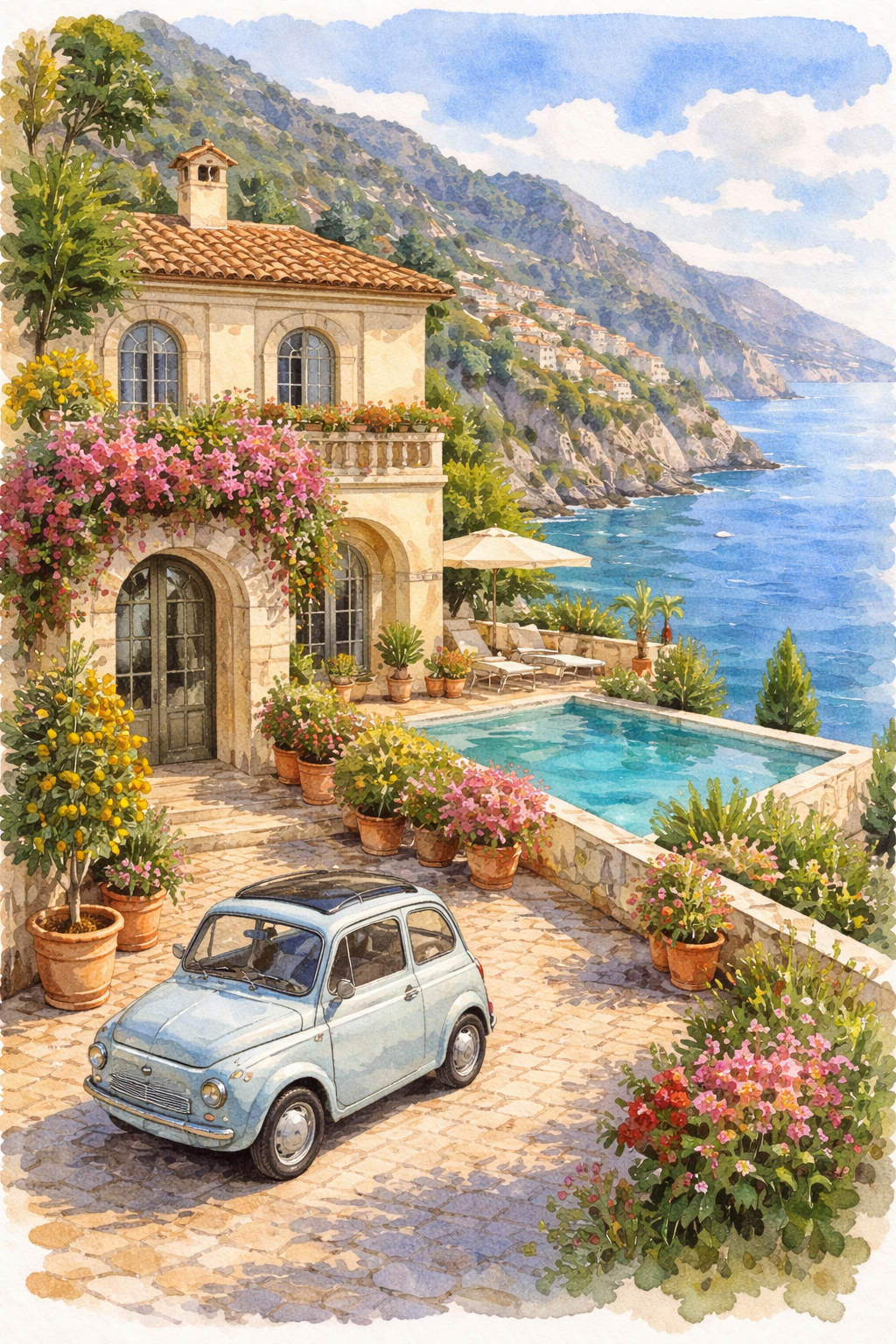 A small blue car is parked by a swimming pool at a villa on the Amalfi Coast with flowers and other greenery