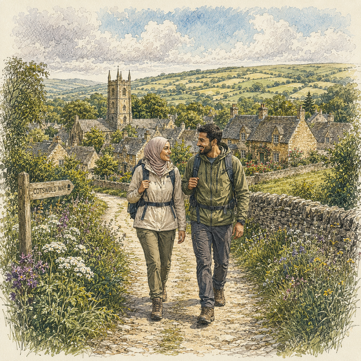 A woman in a headscarf and a bearded man walk along Cotswold Way in the UK, with a picturesque village behind them