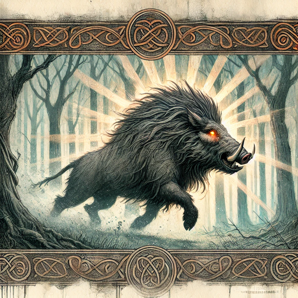 Twrch Trwyth, the powerful giant boar of Welsh mythology, rampages through the woods