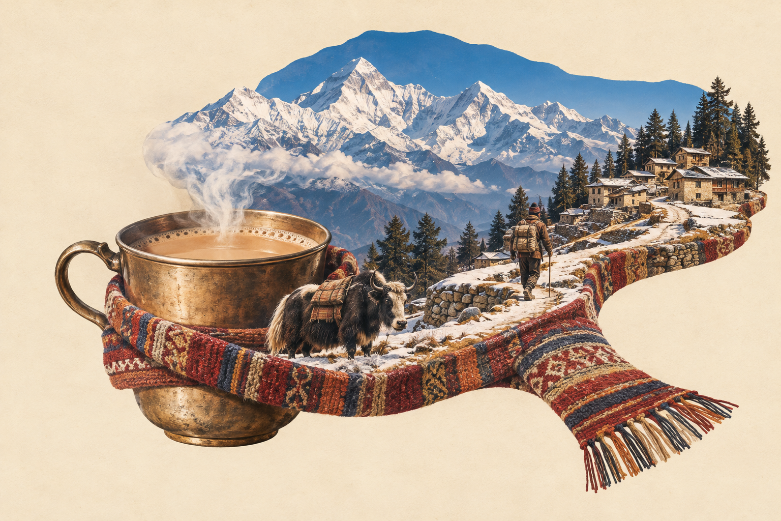 Collage of Nepal in cold weather, with a scarf wrapped around a cup of tea, a yak, a trekker in the snow, teahouses and mountain peaks
