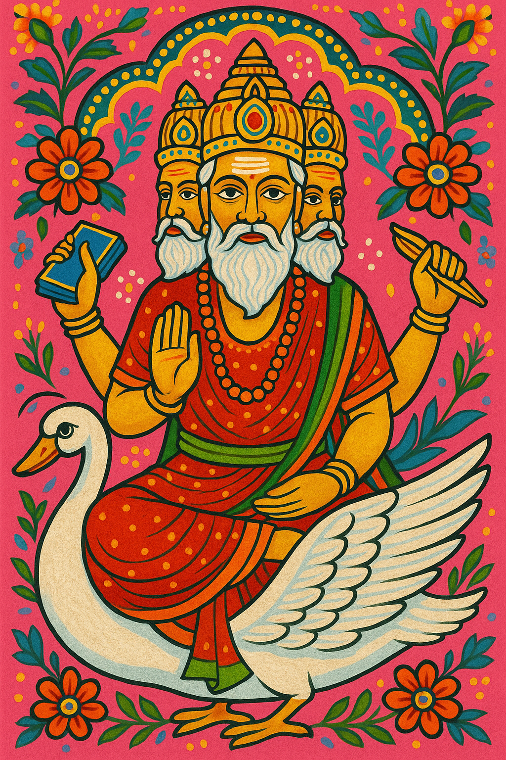 The multi-faced Hindu god Brahma, holding text and riding his swan Hamsa