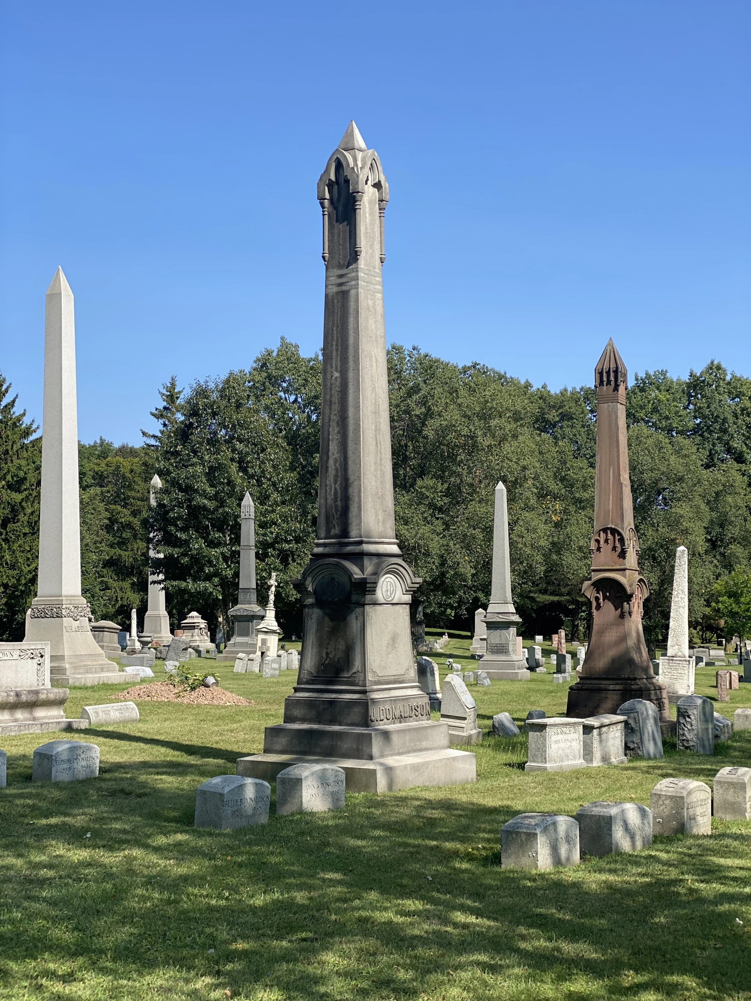 Obelisks topping graves at Forest Lawn Cemetery